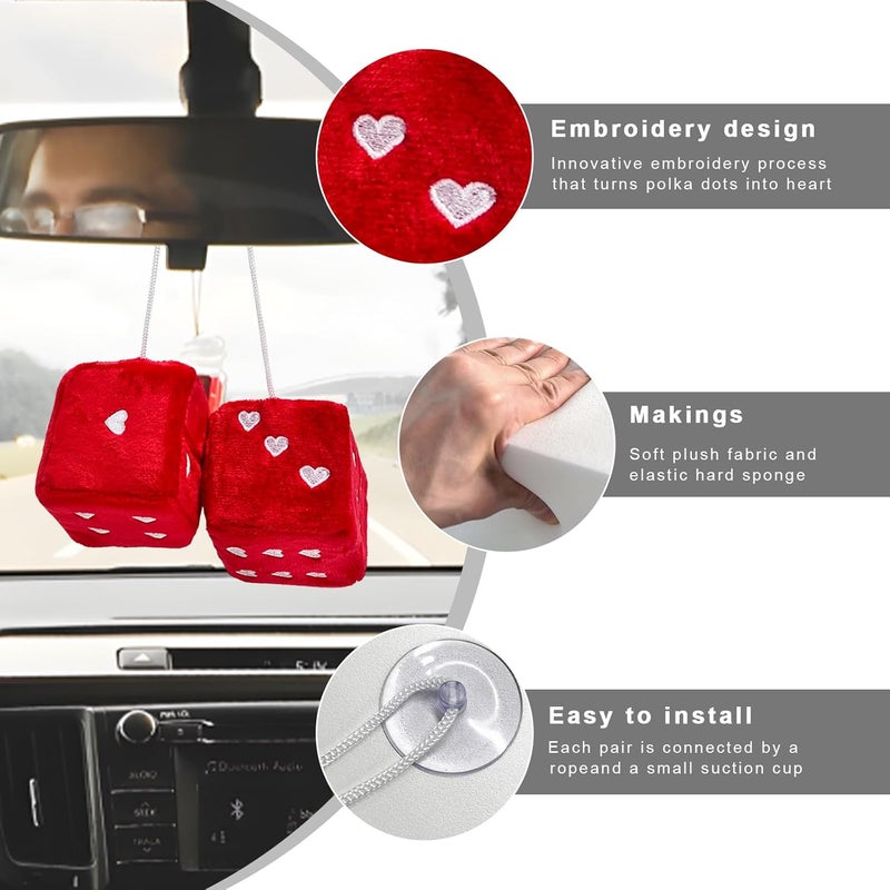 ZNDAW 2 PCS Fuzzy Plush Dice for Car Mirror, 2.75" Retro Square Heart Shape Car Rearview Mirror Cute Decor, Fluffy Dice Vehicle Hanging Ornament Decoration Interior for Women (Red) - Image 3